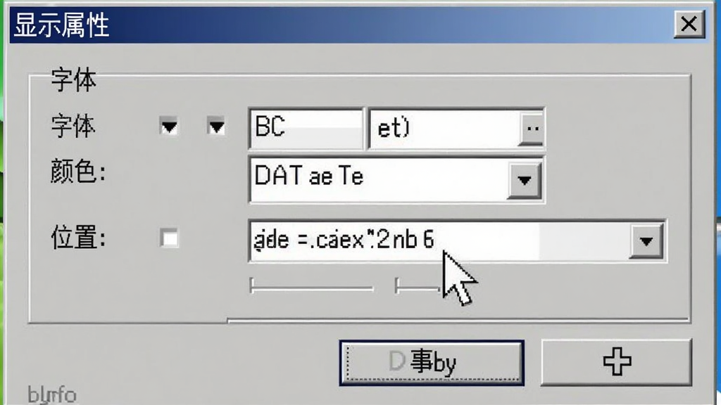 BgInfo设置面板特写,显示“显示属性”对话框,包含“字体”、“颜色”、“位置”等选项,用户正在调整字体大小,界面为浅灰色Windows经典样式,鼠标指针悬停在选项上,画质清晰