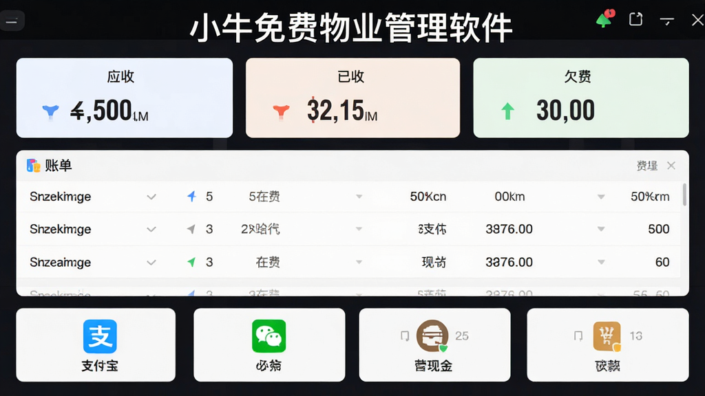小牛免费物业管理软件收费管理功能预览图,主体为软件内费用收缴页面,布局为顶部统计卡片(应收、已收、欠费)、中间账单列表、底部收款方式图标,排版数据化清晰,风格商务简约,细节展示支付宝、微信、现金等支付方式图标,画质高清,干净无多余元素,界面文字包含“小牛免费物业管理软件”字样。