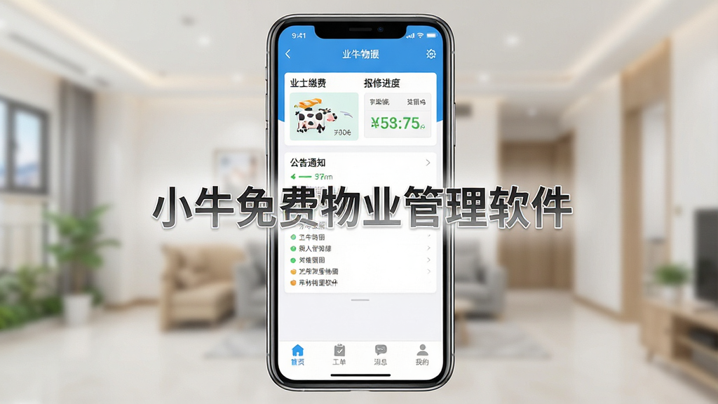 小牛免费物业管理软件移动端操作演示图,主体为手机屏幕显示软件运行界面,布局为底部导航栏(首页、工单、消息、我的),排版简洁,风格清爽,细节展示业主缴费、报修进度、公告通知等模块,画质高清,干净无多余元素,屏幕中央显示“小牛免费物业管理软件”字样。