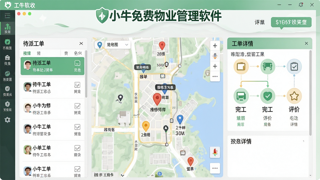 小牛免费物业管理软件报修工单功能预览图,主体为软件内工单处理流程界面,布局为左侧待派工单列表、中间地图显示维修师傅位置、右侧工单详情,排版流程化直观,风格清新自然,细节展示接单、完工、评价等节点状态图标,画质干净,无多余元素,界面顶部显示“小牛免费物业管理软件”品牌标识。