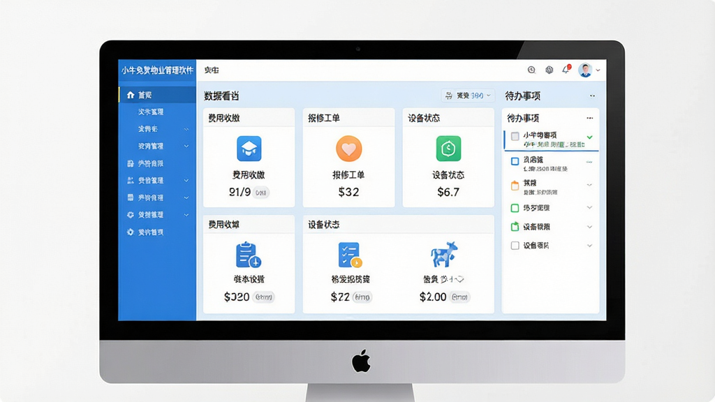 小牛免费物业管理软件的整体界面预览图,主体为软件在电脑屏幕上的运行画面,布局为左侧功能导航栏、中间数据看板、右侧待办事项列表,排版清晰简洁,风格现代扁平化,细节展示费用收缴、报修工单、设备状态等模块图标,画质高清,干净无多余元素,主色调为蓝色与白色,文字标注软件名称“小牛免费物业管理软件”。