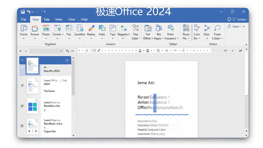 主体:极速Office 2024主界面展示,显示文档列表和功能工具栏。布局:居中构图,界面清晰,上方为菜单栏,左侧为文档缩略图,右侧为编辑区。排版:简洁明快,功能图标整齐排列。风格:现代商务风格,蓝色主题色调。细节:界面干净无杂乱元素,窗口边缘有柔和阴影,展示“极速Office 2024”字样。画质:高清渲染,色彩鲜艳,干净无多余元素。