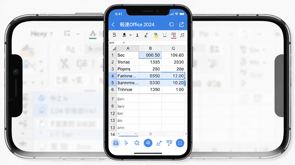 主体:极速Office 2024在手机上的编辑界面,显示一份表格。布局:手机竖屏居中,屏幕内显示表格数据,下方有编辑工具栏。排版:简洁清晰,数据单元格对齐。风格:移动端风格,圆角按钮。细节:手机边框明显,屏幕高亮显示,表格中有一行被选中。画质:高清,色彩自然,干净无多余元素。