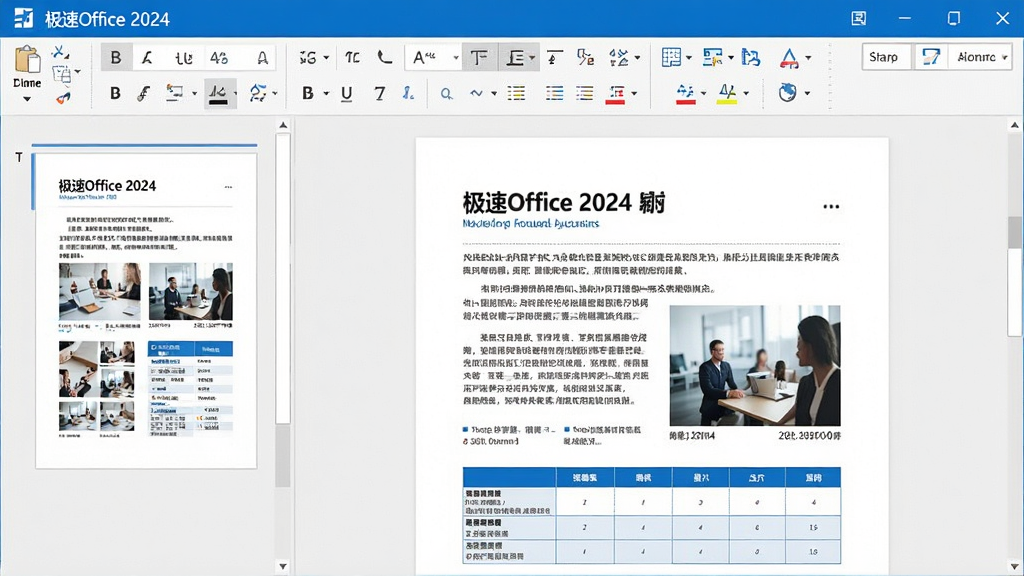 主体:极速Office 2024文档编辑界面,显示一份图文混排的文档。布局:左侧为页面缩略图,右侧为编辑区,顶部为格式工具栏。排版:页面清晰,文字图片排列整齐。风格:商务简约,白色背景配蓝色点缀。细节:工具栏图标清晰,文档内容包含标题、段落、图片和表格。画质:高清,文字锐利,干净无多余元素。