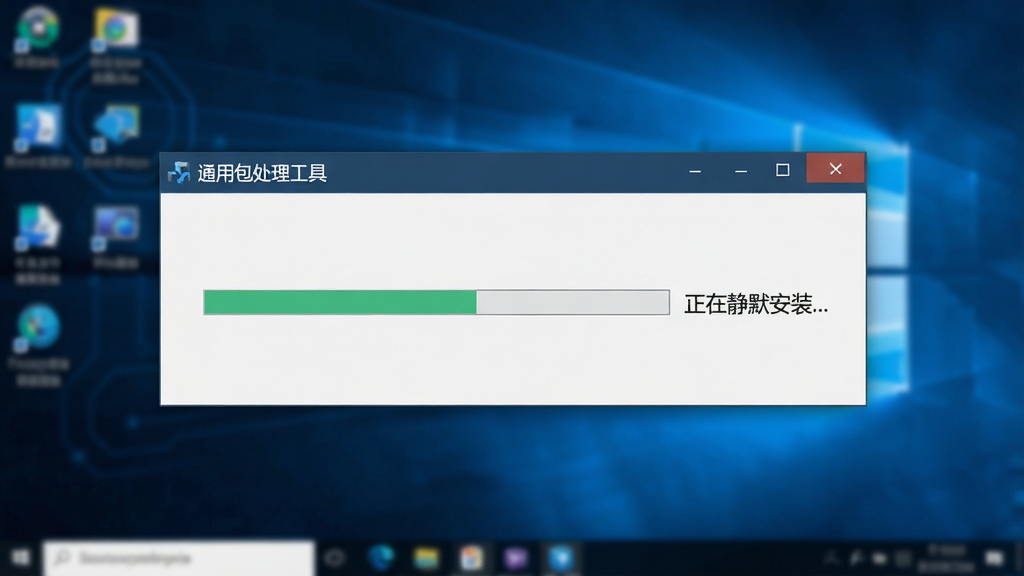 一张展示软件自动安装过程的截图,画面中“通用包处理工具”界面显示一个进度条,旁边标注“正在静默安装...”,背景是模糊的电脑桌面,整体色调偏冷蓝,科技感强,构图简洁,突出软件界面,画质细腻,无多余元素