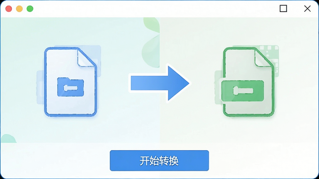 一张展示软件格式转换功能的界面图,左侧是源文件图标,右侧是目标格式图标,中间有箭头连接,软件窗口底部有“开始转换”的蓝色按钮,整体设计简洁,色彩清新,重点突出转换流程,画质清晰,无多余背景元素