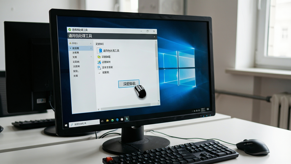 一张展示软件在Windows电脑上运行的实拍图,屏幕中显示“通用包处理工具”的主界面,鼠标正点击“深度卸载”按钮,周围环境是简洁的办公桌,有键盘和鼠标,画面真实自然,光线柔和,细节丰富,画质清晰,无多余杂物