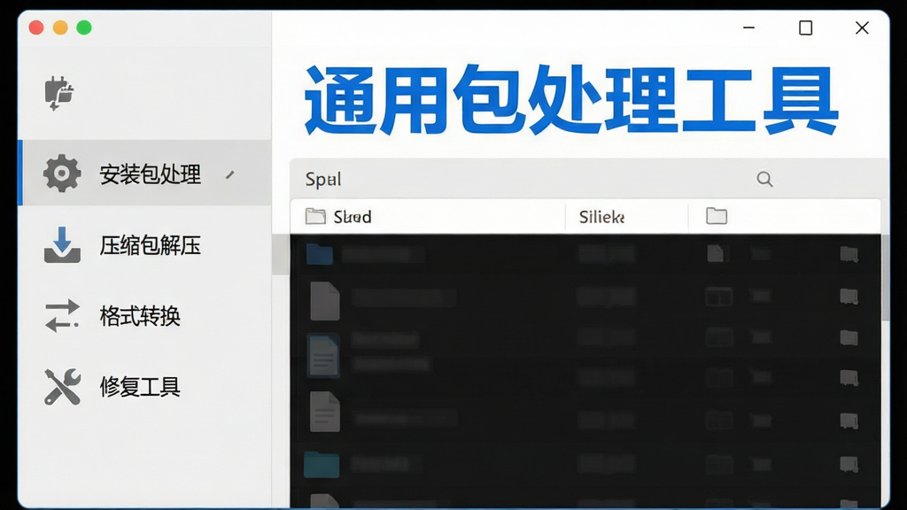 一张现代简约风格的软件界面预览图,主窗口分为左侧功能导航栏和右侧操作区域,左侧列出“安装包处理”、“压缩包解压”、“格式转换”、“修复工具”等图标,右侧显示一个文件列表,顶部有醒目的蓝色“通用包处理工具”字样,整体采用浅灰与白色搭配,扁平化设计,界面干净整洁,无多余元素,画质清晰,4K分辨率