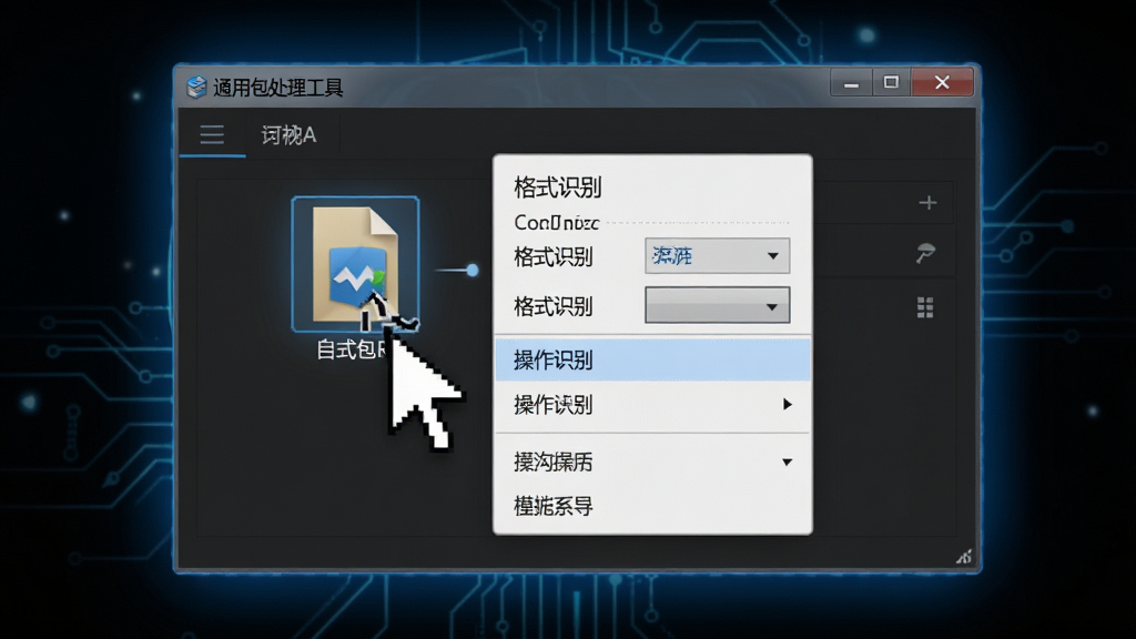 一张展示软件主界面进行拖拽操作的图片,画面中一个鼠标正将一个压缩包文件拖入“通用包处理工具”的窗口中,窗口内自动弹出格式识别结果和操作选项菜单,界面周围有淡淡的蓝色科技光晕,风格写实,细节丰富,画质高清,干净无杂乱元素