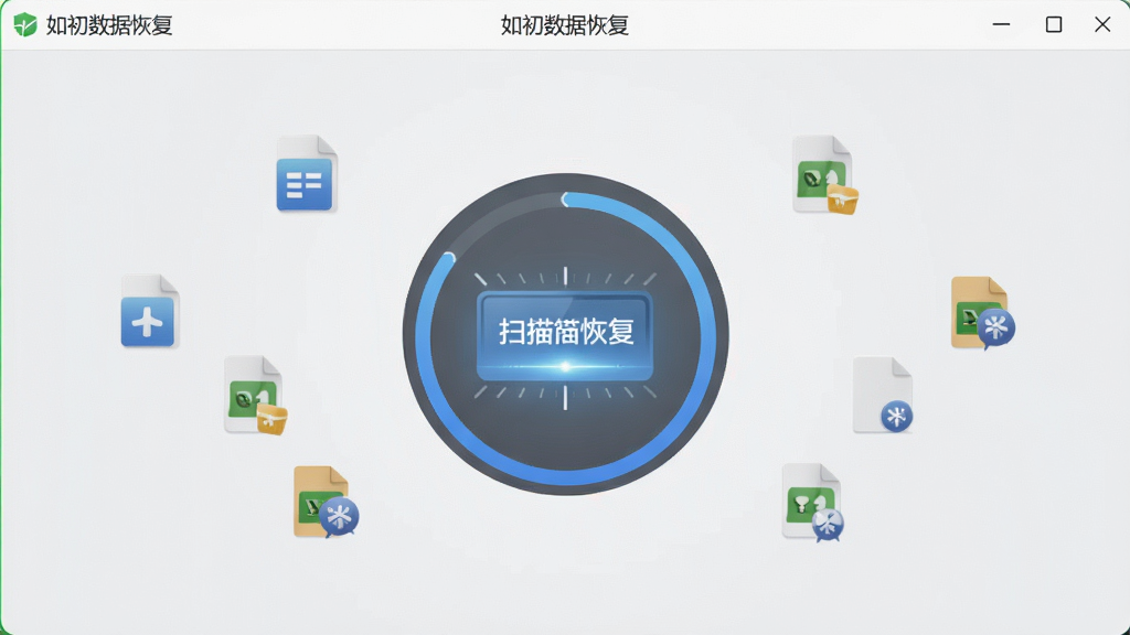 一张软件功能示意图,主体为“如初数据恢复”扫描界面,中间有一个圆形的扫描进度环,周围散布着各种文件类型图标,背景为浅灰色商务风格,排版居中,风格极简,细节清晰,画质干净,无多余元素