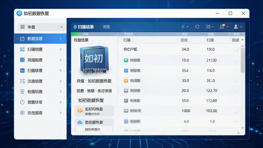 一张高清产品展示图,主体为“如初数据恢复”软件主界面,左侧功能列表清晰可见,右侧展示扫描结果列表,背景为深蓝色科技感渐变,界面干净明亮,排版整齐,风格现代简洁,细节丰富,画质清晰,无多余元素