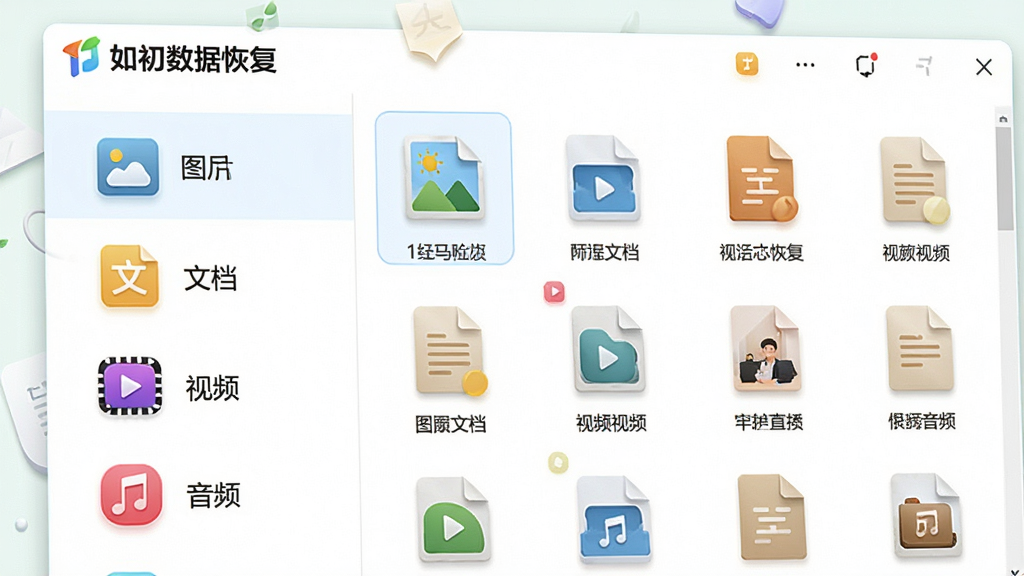 一张功能展示图,主体为“如初数据恢复”文件筛选界面,左侧列出图片、文档、视频、音频等分类图标,右侧显示对应的文件缩略图,背景为白色,排版错落有致,风格清新,细节丰富,画质清晰,无多余元素