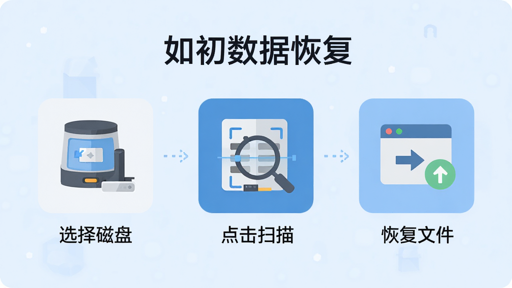 一张使用教程示意图,主体为“如初数据恢复”软件操作步骤,分为三个步骤图标,第一步选择磁盘,第二步点击扫描,第三步恢复文件,背景为淡蓝色,排版横向排列,风格扁平化,细节清晰,画质干净,无多余元素