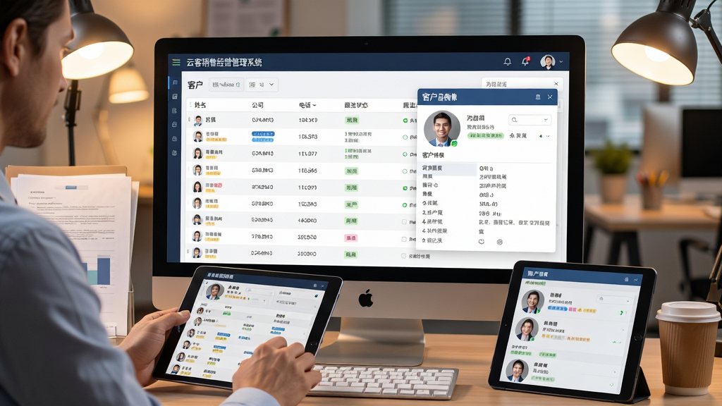 主体:云客销售经营管理系统的智能客户管理功能界面,电脑屏幕展示客户列表与详情弹窗,屏幕前有销售人员正在使用平板查看客户信息。布局:电脑屏幕居中,平板电脑置于前方偏右,周围有散落的文件与咖啡杯。排版:屏幕界面显示“云客销售经营管理系统”标题,客户列表包含姓名、公司、电话、跟进状态,详情弹窗展示客户画像与沟通记录。风格:商务办公风格,暖色调灯光,背景为办公室场景。细节:屏幕内容清晰,客户头像与标签可见,体现系统的智能化管理。画质:高清写实,干净整洁无多余元素。