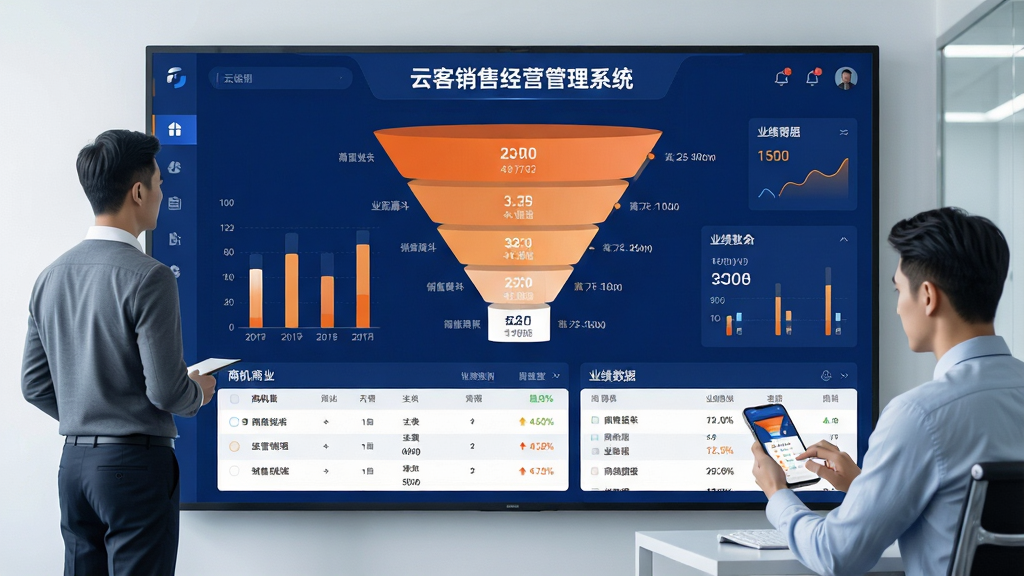 主体:云客销售经营管理系统的销售漏斗与商机看板界面,屏幕上显示漏斗图、柱状图与商机列表。布局:大屏幕居中,左侧有站立的管理者正在查看,右侧有坐着的销售人员在操作手机。排版:屏幕上方标题“云客销售经营管理系统”,漏斗图置于中央,下方为商机列表与业绩数据。风格:现代科技商务风,深蓝背景配白色与橙色数据图形。细节:漏斗图颜色渐变,数据标注清晰,手机屏幕显示相同系统的移动端界面。画质:高清渲染,明亮清晰,无多余元素。