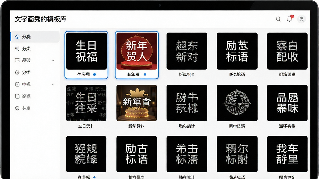 主体:文字画秀的模板库界面,展示多套文字画模板缩略图,包括生日祝福、新年贺卡、励志标语等;布局:网格状排列,左侧为分类导航;排版:缩略图大小统一,间距均匀;风格:清新简洁,白色背景;细节:每张缩略图下方有模板名称标签,选中模板时高亮边框;画质:高清,干净,无多余元素