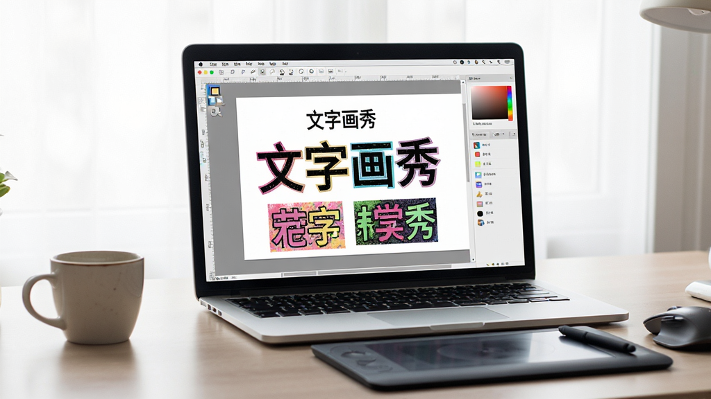 主体:一台笔记本电脑屏幕显示文字画秀软件运行中,桌面上摆放着鼠标和手绘板;布局:电脑位于画面中央,左侧有咖啡杯;排版:画面简洁,突出电脑屏幕内容;风格:写实摄影风格,柔和光线;细节:屏幕中显示文字画秀编辑界面,有“文字画秀”字样和彩色作品;画质:高清,干净,无多余元素