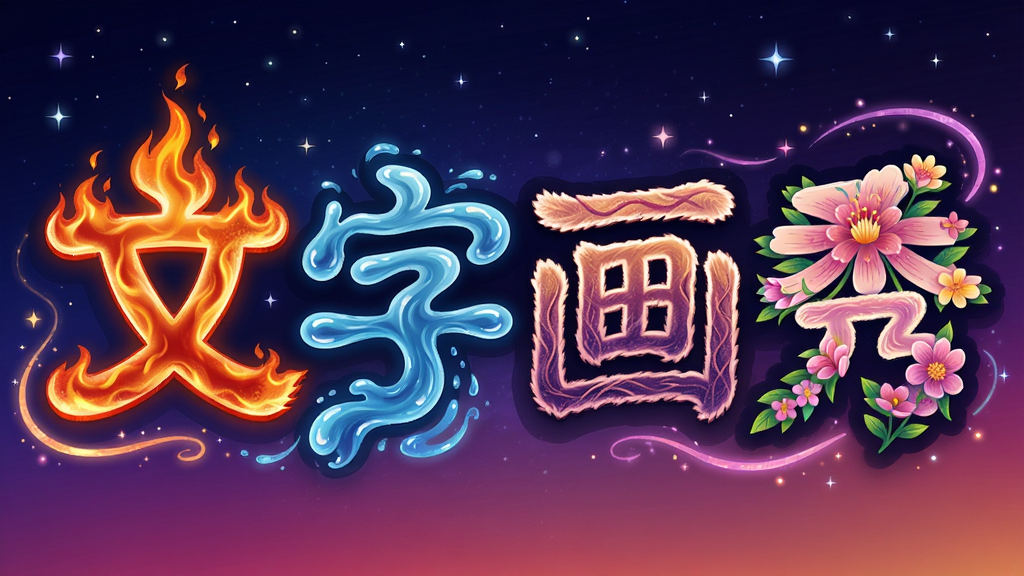 主体:文字画秀的创意画布上展示“文字画秀”四个大字,每个字被设计成不同风格,如火焰字、流水字、花朵字;布局:四个大字横向排列,周围有装饰性光效;排版:字体大小统一,间距适中;风格:艺术插画风格,色彩丰富;细节:每个字的边缘有发光或纹理效果,背景为渐变星空;画质:高清,干净,无多余元素