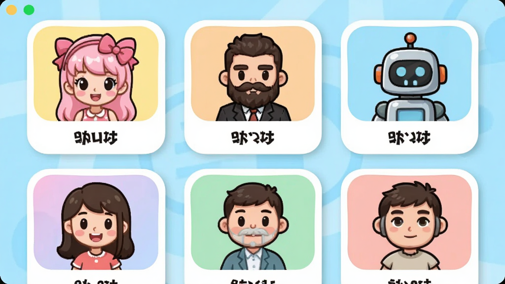 展示变声专家软件的音色库界面,屏幕上排列着多个卡通形象代表不同音色,如萝莉、大叔、机器人,每个图标下方有文字标签,界面采用明亮的浅色背景,圆角卡片设计,画质干净,无多余元素