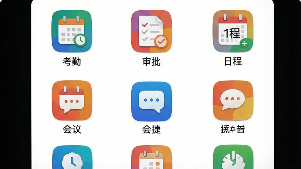 一张展示西加易联工作台功能的界面截图,画面为九宫格布局的应用图标,包括“考勤”、“审批”、“日程”、“会议”等,图标色彩鲜明,背景为白色,风格清晰直观,突出“便捷应用”主题,高清画质,干净无多余元素