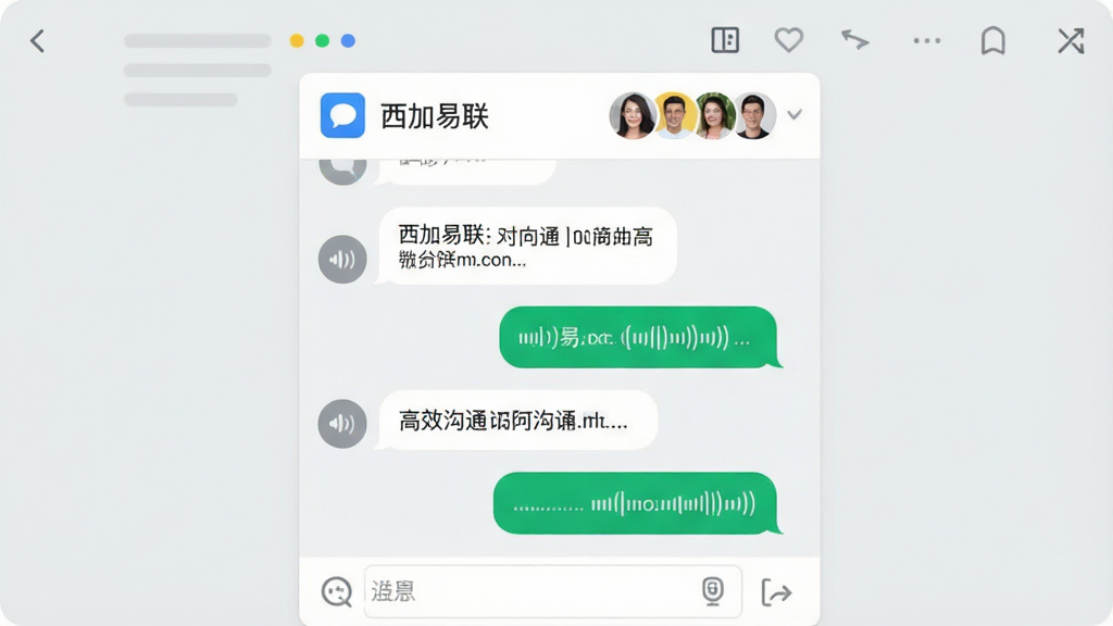 一张展示西加易联即时通讯功能的界面截图,画面中央为对话框,显示文本消息和语音消息气泡,上方有群聊名称和成员头像,背景为浅灰色,风格扁平化,突出“高效沟通”主题,高清画质,干净无多余元素