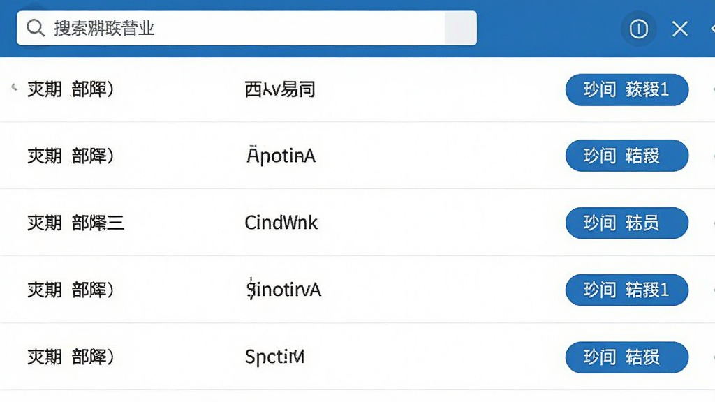 一张展示西加易联企业通讯录功能的界面截图,画面为联系人列表,顶部有搜索栏,列表项显示部门名称和成员姓名,右侧有职位标签,整体为蓝白配色,风格简洁商务,高清画质,干净无多余元素