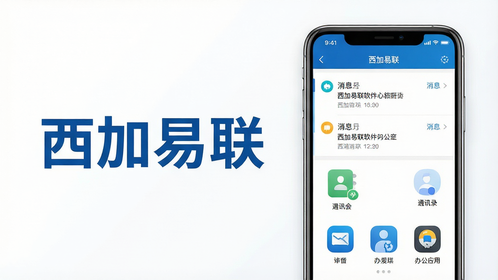 一张展示西加易联软件核心全貌的宽幅预览图,画面左侧为清晰的软件名称“西加易联”,右侧为手机界面截图,界面中展示消息列表、通讯录和办公应用图标,整体布局简洁现代,采用蓝白企业色,风格写实,高清画质,干净无多余元素
