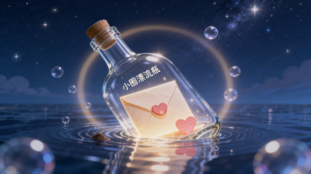 主体:一只发光的玻璃漂流瓶漂浮在星空下的海面上,瓶内装有发光的信封和爱心;布局:瓶子居中,周围有柔和的光晕和漂浮的泡泡;排版:画面干净,主题突出;风格:唯美梦幻,插画风格;细节:瓶身有“小圈漂流瓶”字样,水面倒映星光;画质:高清,干净,无多余元素。
