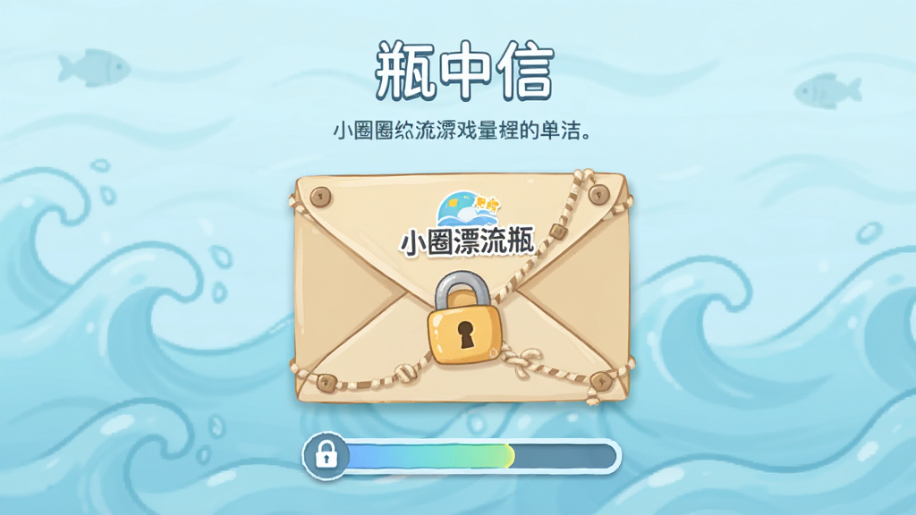 主体:小圈漂流瓶的“瓶中信”游戏界面,显示一封带锁的信封和提示文字;布局:信封居中,背景是淡蓝色的海浪纹理;排版:简洁清晰;风格:插画风格;细节:信封上有“小圈漂流瓶”的LOGO,周围有解锁进度条;画质:高清,干净,无多余元素。