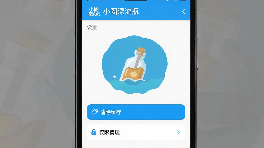 主体:手机上显示小圈漂流瓶的设置界面,突出“清除缓存”和“权限管理”选项;布局:手机居中,屏幕内容清晰;排版:简约;风格:扁平化UI;细节:屏幕上有“小圈漂流瓶”的LOGO和设置菜单;画质:高清,干净,无多余元素。