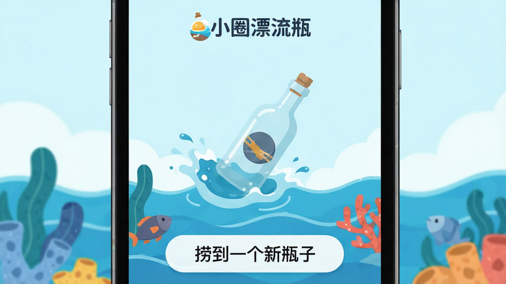主体:手机屏幕展示小圈漂流瓶的捞瓶动画,一只瓶子从海浪中跃出;布局:手机居中,屏幕内画面清晰,周围有海洋元素装饰;排版:简洁明快;风格:扁平化UI风格;细节:屏幕上有“小圈漂流瓶”的LOGO和“捞到一个新瓶子”的提示;画质:高清,干净,无多余元素。