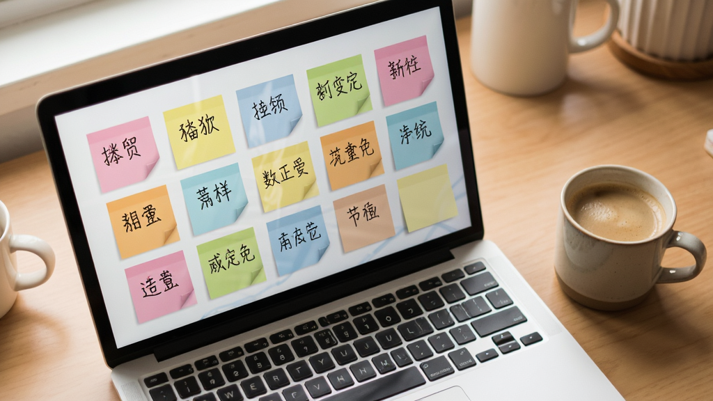 一张关于超级兔子便签软件使用场景的图片,主体是一台笔记本电脑,屏幕上显示着排列整齐的彩色便签,旁边放着一杯咖啡,布局为俯拍视角,风格是温馨的居家办公风格,细节包括便签上的中文文字和屏幕的反光,画质柔和干净,无多余元素