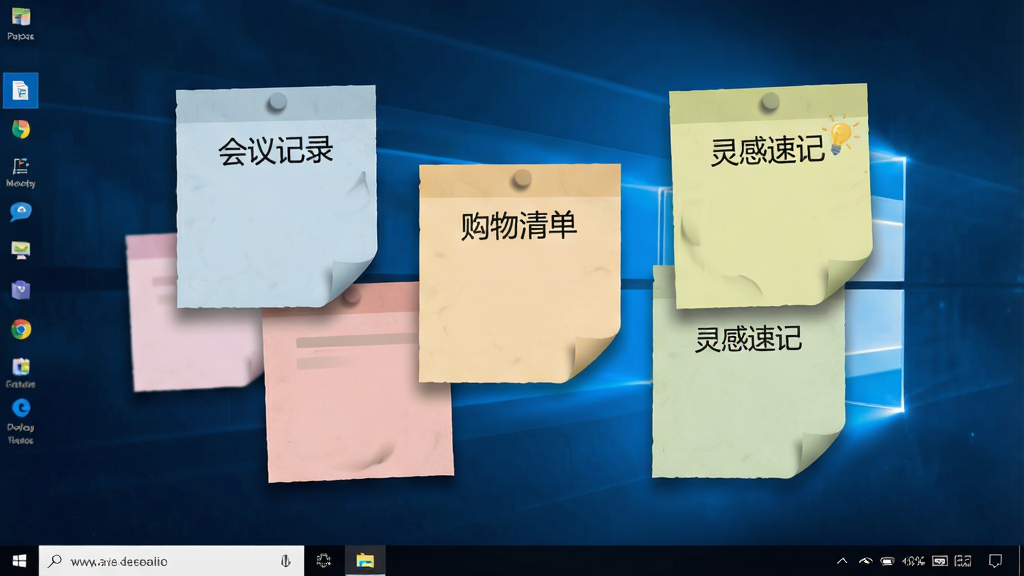 一幅展示超级兔子便签软件核心界面的高清数字插画,主体是Windows电脑桌面上悬浮着多张色彩柔和的便签纸,每张便签上分别写着“会议记录”、“购物清单”、“灵感速记”等中文文字,布局错落有致,风格扁平化且现代,细节包含便签的阴影和纸张纹理,画质清晰干净,无多余元素