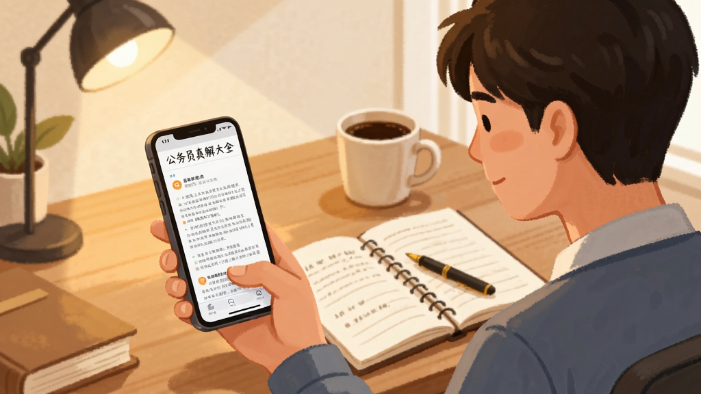 公务员面试真题详解大全使用指南插画,一个考生在书桌前用手机学习,屏幕显示真题解析,背景有笔记本和咖啡,暖色调,插画风格,干净整洁,高画质