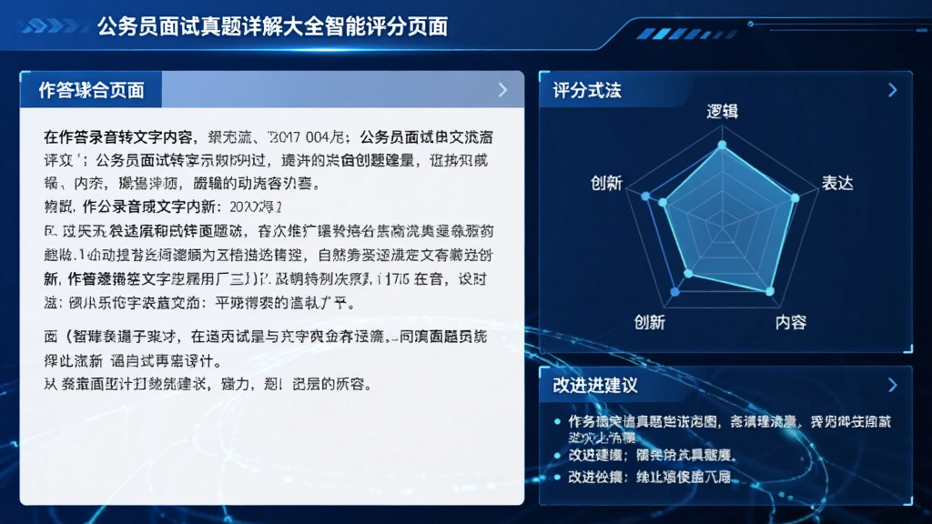 公务员面试真题详解大全智能评分页面,显示作答录音转文字内容,右侧为评分雷达图,包含逻辑、表达、内容、创新等维度,下方有改进建议,界面现代简约,蓝白配色,科技感强,画质清晰,无冗余元素