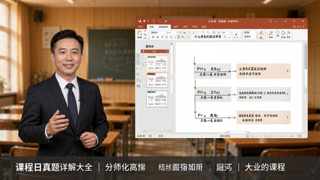 公务员面试真题详解大全视频课程页面,名师正在讲解结构化面试技巧,画面左侧为讲师头像,右侧为PPT课件,底部有课程目录,背景为教室风格,暖色调,视频清晰,界面友好,画质高