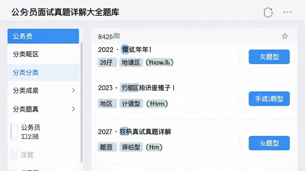 公务员面试真题详解大全题库界面,左侧为分类筛选栏,右侧显示真题列表,每道题有年份、地区、题型标签,背景为浅灰色,配以蓝色高亮按钮,界面清爽,专业感强,文字清晰,画质干净