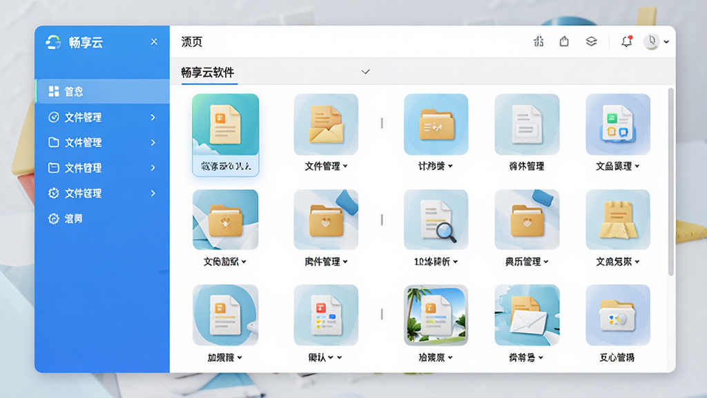 畅享云软件的文件管理界面预览图,左侧是分类导航栏,右侧展示文件列表缩略图,色彩明快,布局合理,风格清爽,细节精致,画质高清,无多余元素