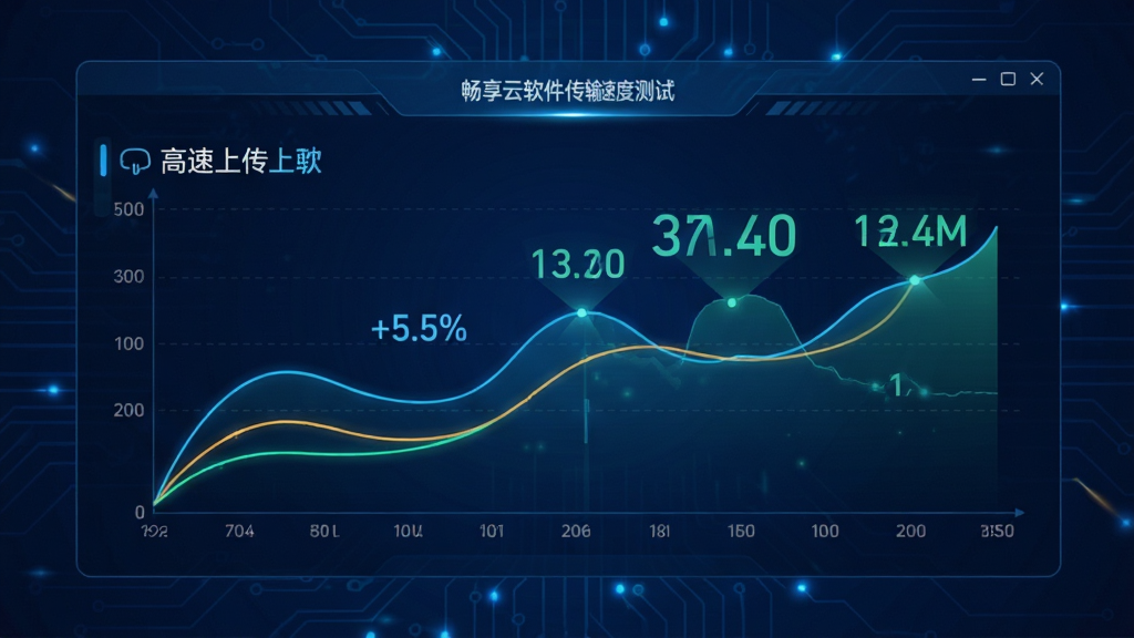 畅享云软件传输速度测试界面示意图,显示高速上传下载的实时数据图表,动态线条与数字跳动,背景为深邃蓝色科技感风格,布局直观,风格炫酷,细节清晰,画质干净