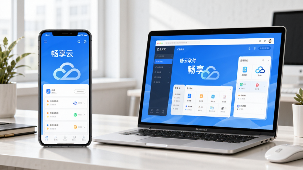 畅享云软件在手机与电脑上同时运行的场景图,左侧为手机界面,右侧为笔记本电脑界面,屏幕中清晰显示“畅享云”主页面,背景为明亮办公桌,布局自然,风格写实,细节丰富,画质清晰干净