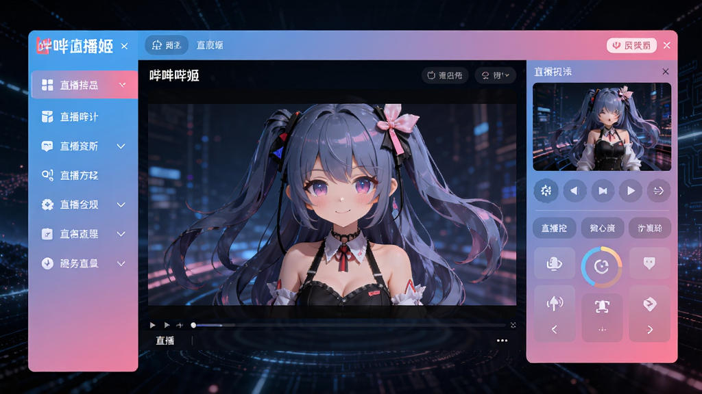 画面中央展示哔哩哔哩直播姬软件主界面,界面布局清晰,左侧为功能导航栏,右侧为预览窗口和直播控制面板,整体采用B站标志性的蓝粉色渐变风格,背景为深色科技感光效,画质清晰,干净无多余元素。