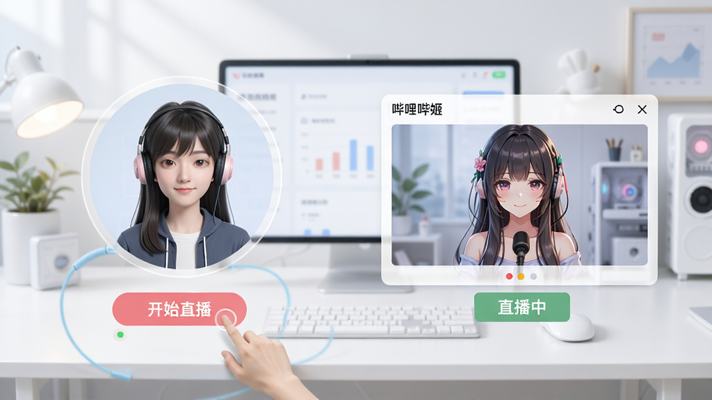展示哔哩哔哩直播姬一键开播流程,画面中一个用户点击“开始直播”按钮,随后直播画面顺利推流成功,界面出现“直播中”状态标识,背景为明亮的现代工作台,风格简洁明快,画质高清,干净无多余元素。