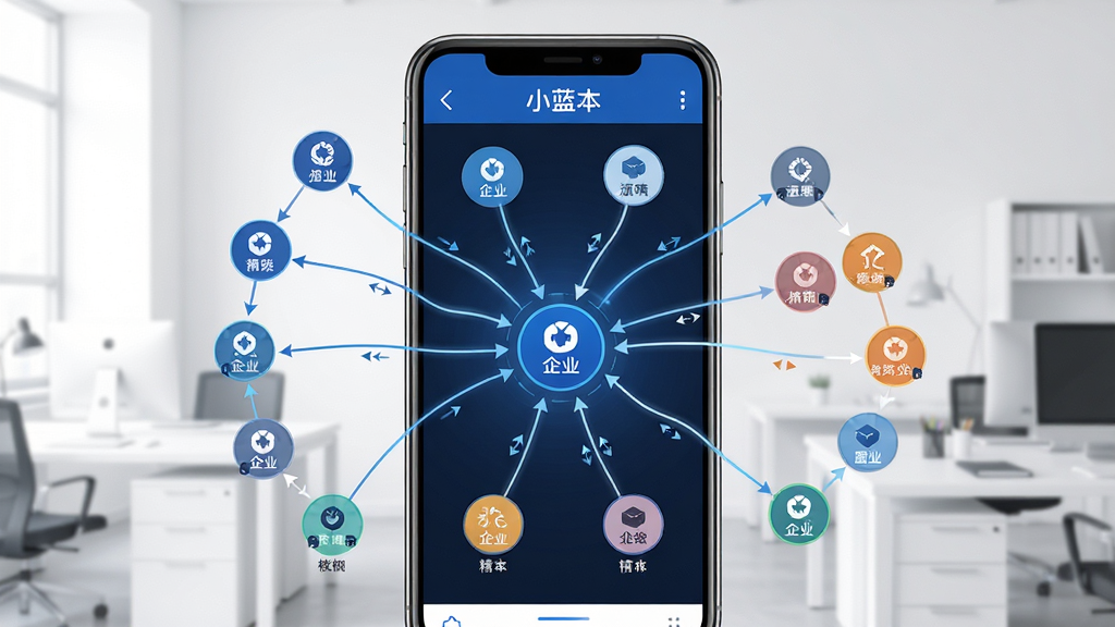 主体:手机屏幕显示小蓝本的关系图谱界面,多个企业节点连线。布局:手机竖屏,图谱占据屏幕大部分,背景为白色办公环境。排版:图谱中心为核心企业,周围分布关联企业,节点颜色区分。风格:科技感,线条流畅,蓝白主色调。细节:屏幕显示“小蓝本”字样,节点有企业简称,连线有箭头。画质:高清,清晰无噪点。