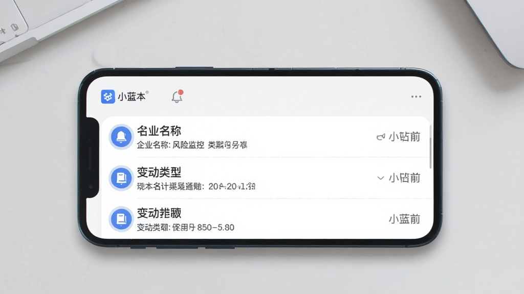 主体:手机横屏展示小蓝本的风险监控通知列表。布局:手机居中,屏幕上方显示通知图标,下方为列表,背景为浅灰色桌面。排版:通知列表每条包含企业名称和变动类型。风格:简洁商务,蓝色点缀。细节:屏幕显示“小蓝本”字样,通知条数、时间戳。画质:清晰,无多余元素。
