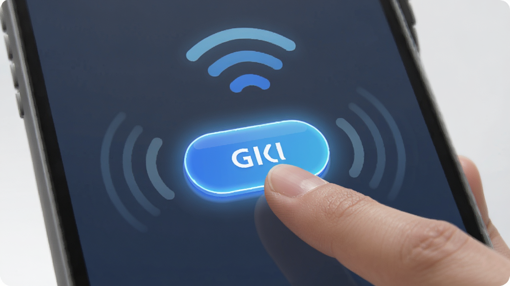 GGWiFi共享一键创建热点功能展示图,主体为手指点击屏幕上的开启按钮,布局居中,排版简洁,风格写实,细节包括按钮发光效果和周围网络信号波纹,画质细腻干净,无多余元素