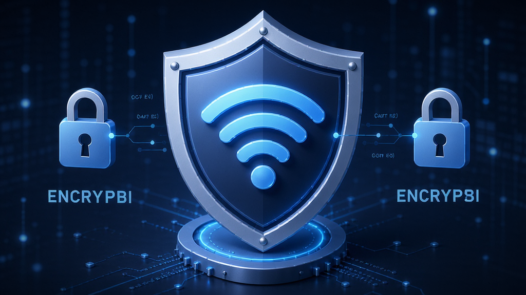 GGWiFi共享安全防护功能示意图,主体为盾牌图标包裹着无线网络信号,布局左右对称,排版立体,风格科技感,细节包括锁形图标和加密字样,画质高清干净,无多余元素