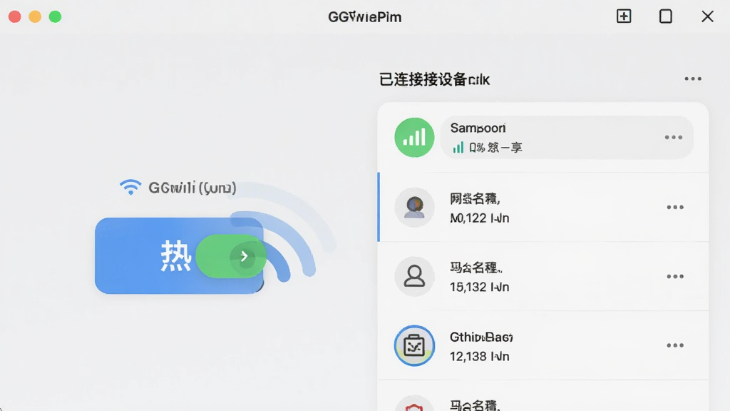 GGWiFi共享主界面预览图,主体为简洁的软件操作界面,显示热点开关按钮和已连接设备列表,布局清晰,排版规整,现代扁平化设计风格,细节包括信号强度图标和网络名称设置项,画质高清干净,无多余元素