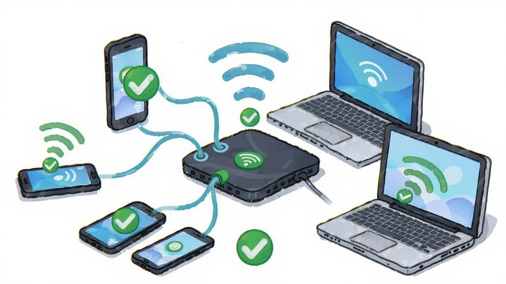 GGWiFi共享多设备连接示意图,主体为多台手机和笔记本围绕一台电脑连接WiFi,布局分散,排版自然,风格卡通插画,细节包括信号线连接和绿色对勾图标,画质明亮干净,无多余元素