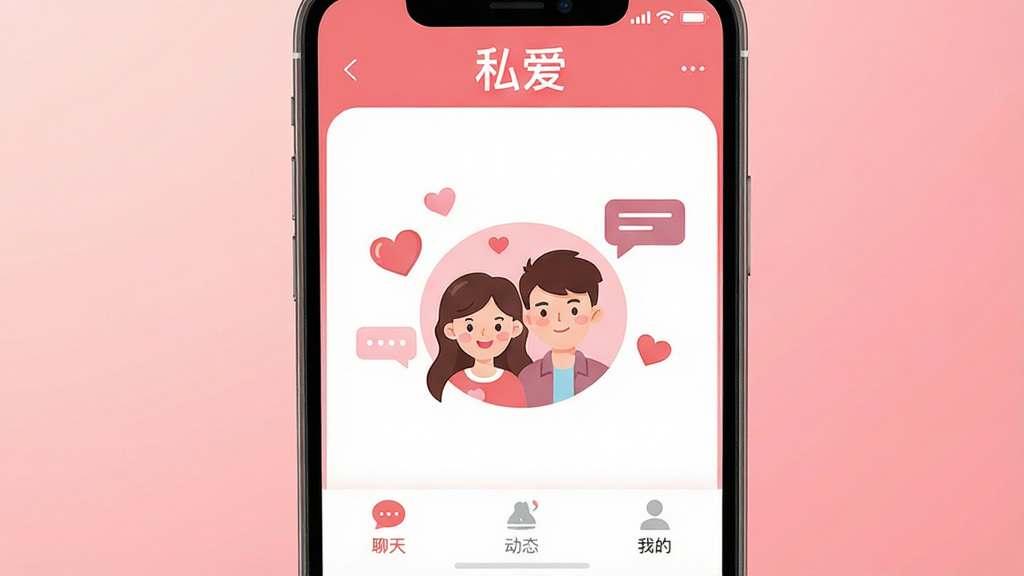 主体:手机屏幕展示“私爱”应用界面,界面以暖粉色和白色为主色调,中央显示一对情侣的卡通头像,周围有爱心和对话气泡元素。布局:手机位于画面中央,背景为柔和渐变粉色,营造温馨氛围。排版:应用界面清晰展示“聊天”“动态”“我的”三个底部标签,顶部有“私爱”字样。风格:现代扁平化设计,色彩柔和,细节精致。画质:高清渲染,干净无多余元素。