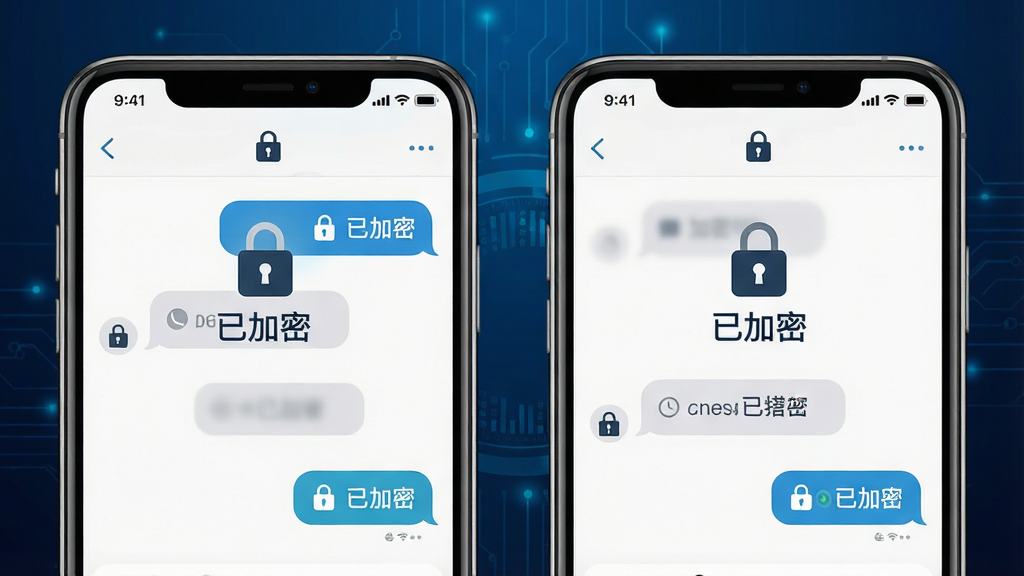 主体:两部手机并排,屏幕显示加密聊天界面,有锁形图标和“已加密”字样。布局:手机左右对称放置,背景为深蓝色科技感渐变。排版:界面简洁,显示对话气泡和加密状态标识。风格:科技感与安全感并重,色调沉稳。画质:高清,细节清晰,无多余元素。